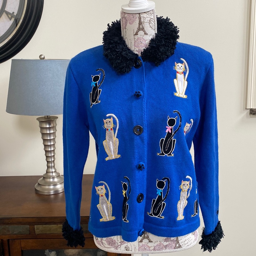 EUC Berek Royal Blue Cat Appliqué Cardigan L
